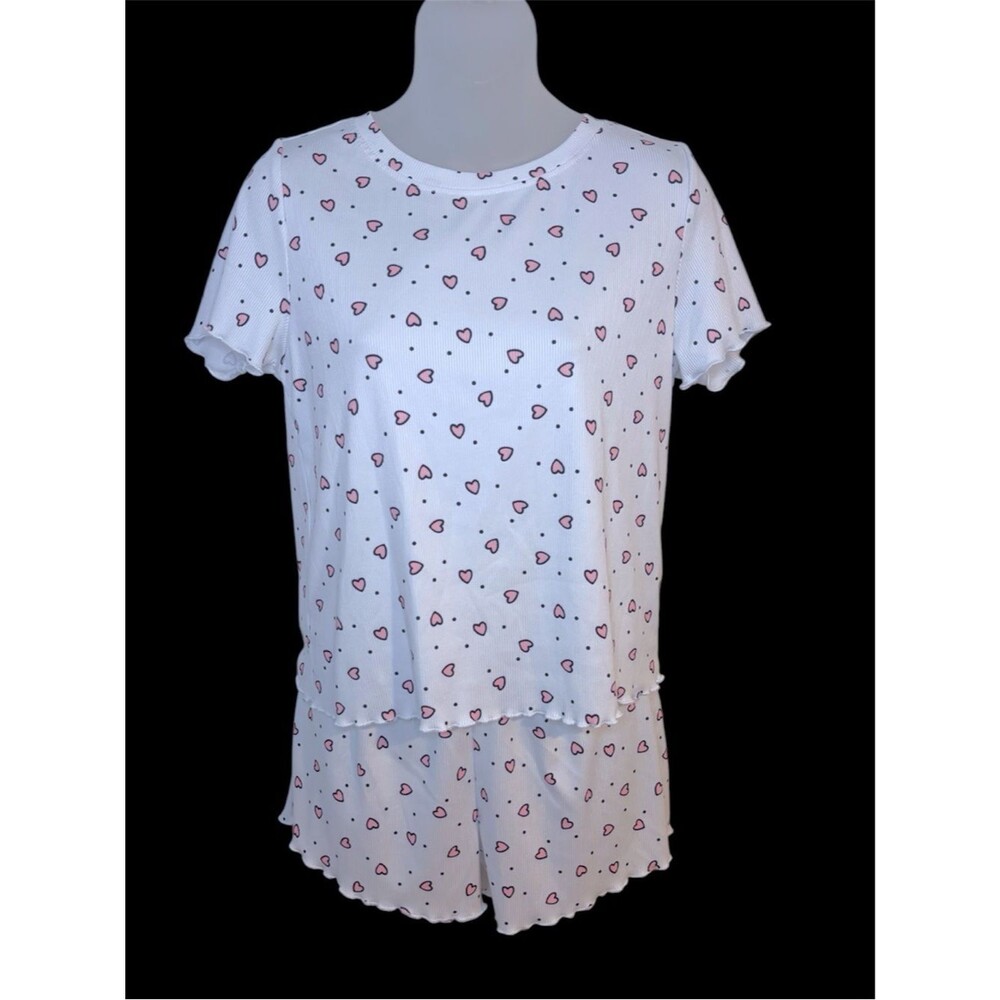 White Heart Print Two-Piece Pajama Set Size Medium